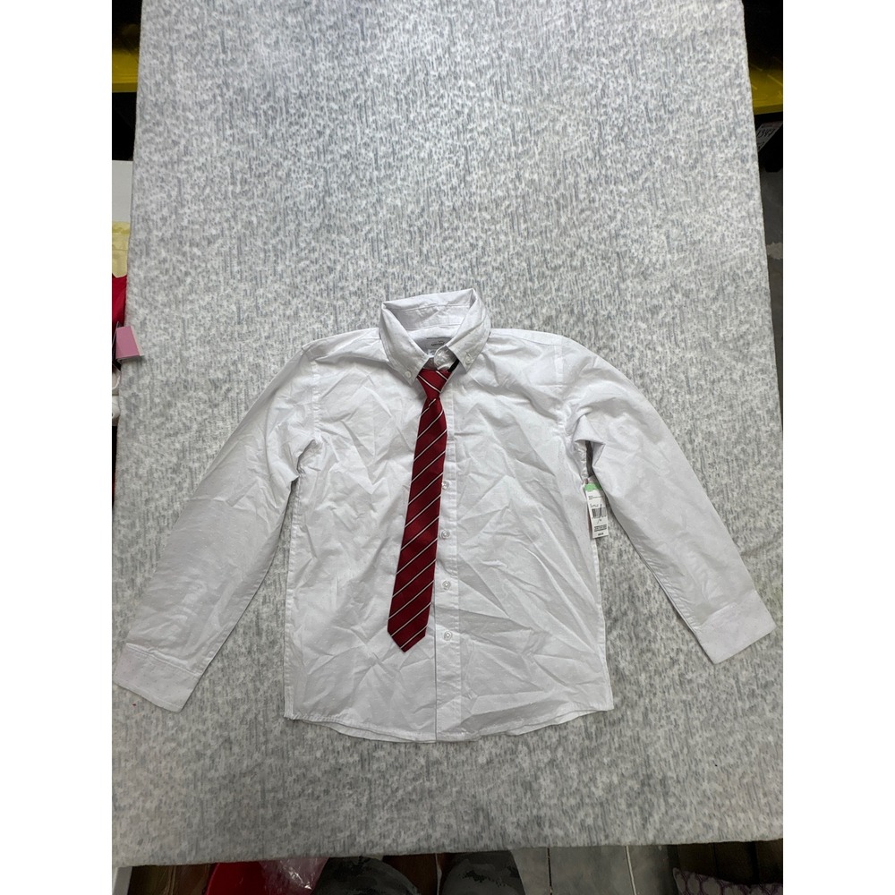 New Boys White Button Down Dress Shirt and Red Striped Tie‎ Set Kids Formal Wear